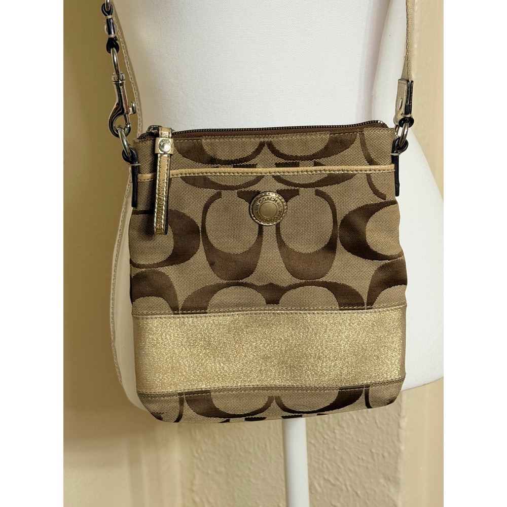 Coach Signature Jacquard Crossbody Bag Brown Gold Metallic Stripe Khaki 48068
